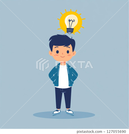 Cartoon Vector of a Smart Boy with Light Bulb Overhead Symbolizing a Great Idea 127055690