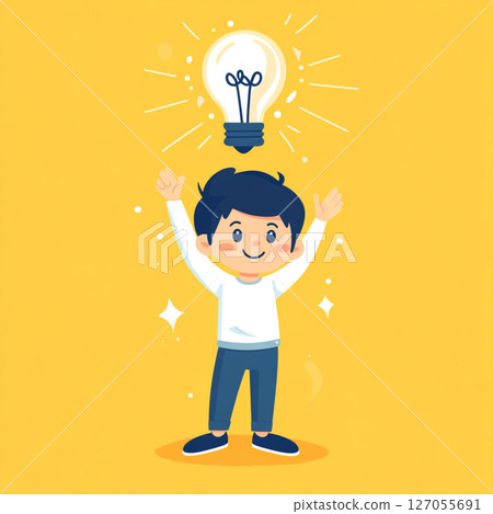 Cartoon Vector of a Smart Boy with Light Bulb Overhead Symbolizing a Great Idea Cartoon Vector of a Smart Boy with Light Bulb Overhead Symbolizing a Great Idea 127055691