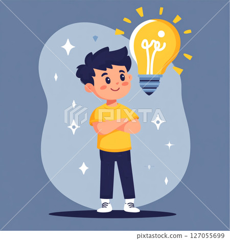 Cartoon Vector of a Smart Boy with Light Bulb Overhead Symbolizing a Great Idea 127055699