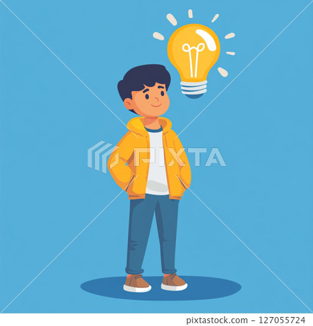 Cartoon Vector of a Smart Boy with Light Bulb Overhead Symbolizing a Great Idea 127055724