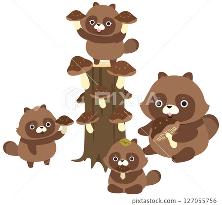 A mother and child raccoon hunting mushrooms 127055756