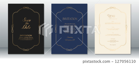 Classic Wedding Invitation Set with Gold Border and Navy Theme Classic Wedding Invitation Set with Gold Border and Navy Theme 127056110