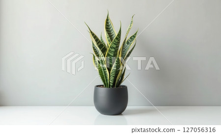 Snake plant (Sansevieria trifasciata) in a dark pot on a white surface with grey background. 127056316