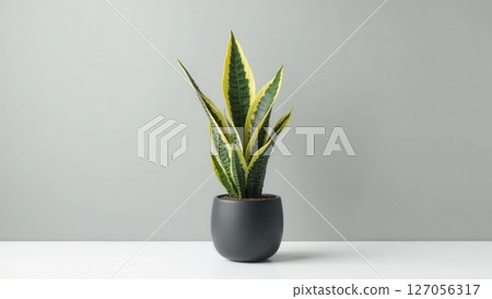 Snake plant (Sansevieria trifasciata) in a dark pot on a white surface with grey background. 127056317