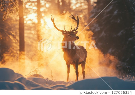 Majestic Deer in Snowy Forest at Sunrise Majestic Deer in Snowy Forest at Sunrise 127056334
