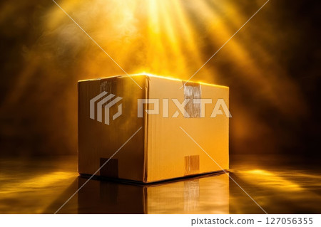 Illuminated cardboard box on reflective surface with dramatic lighting and smoky background 127056355