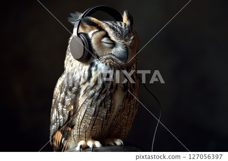 Majestic Owl with Detailed Feathers Perched Elegantly Wearing Headphones in a Dark Setting Majestic Owl with Detailed Feathers Perched Elegantly Wearing Headphones in a Dark Setting 127056397