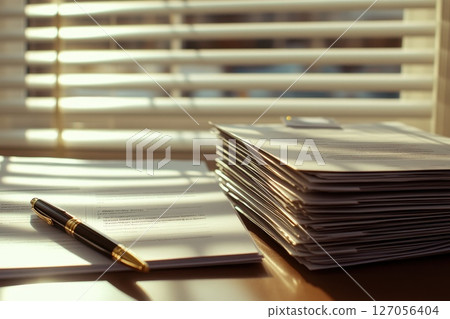 Stack of Documents on Table with Pen and Soft Light Through Window Blinds in Office Setting Stack of Documents on Table with Pen and Soft Light Through Window Blinds in Office Setting 127056404