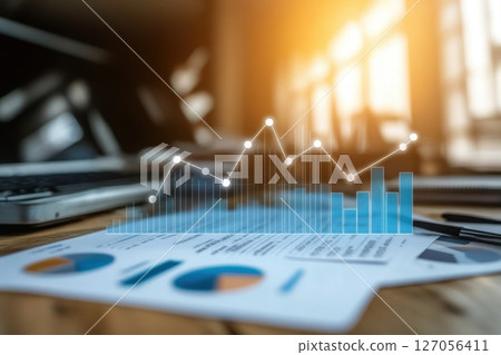 A blue and green graph is displayed on a piece of paper A blue and green graph is displayed on a piece of paper 127056411