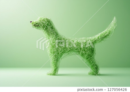 A green dog made of wire and grass is standing in front of a green wall 127056426