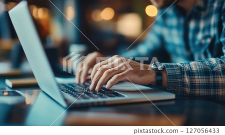 A man is typing on a laptop computer, working or studying A man is typing on a laptop computer, working or studying 127056433
