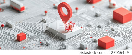 A red shopping cart is placed on a white background with a red dot on it A red shopping cart is placed on a white background with a red dot on it 127056439