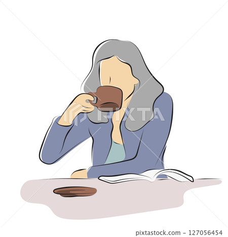 businesswoman drinking hot coffee on a table with a book illustration vector hand drawn with black lines isolated on white background. 127056454