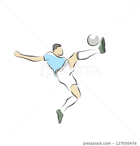male soccer player jumping to shoot ball illustration vector hand drawn with black lines isolated on white background. male soccer player jumping to shoot ball illustration vector hand drawn with black lines isolated on white background. 127056456