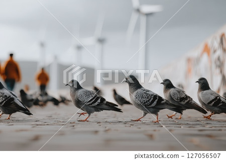 Group of Pigeons Pecking at Broken Glass on Urban Pathway with Wind Turbines in Background Group of Pigeons Pecking at Broken Glass on Urban Pathway with Wind Turbines in Background 127056507