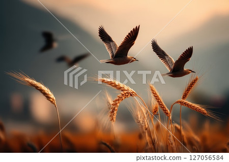 Majestic Golden Sunset Over Sustainable Wheat Field With Birds in Flight Majestic Golden Sunset Over Sustainable Wheat Field With Birds in Flight 127056584