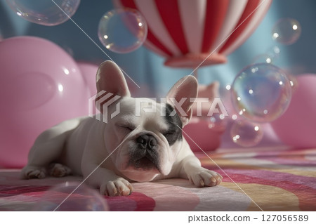 French Bulldog Snoring Peacefully on a Colorful Rug Surrounded by Dreamy Bubbles in the Air French Bulldog Snoring Peacefully on a Colorful Rug Surrounded by Dreamy Bubbles in the Air 127056589