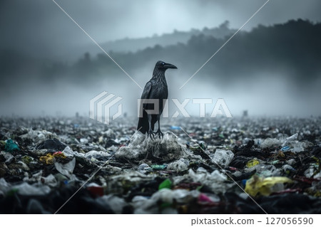 Bird Scavenges for Food in Smoky Landfill Setting with Misty Hills in Background Bird Scavenges for Food in Smoky Landfill Setting with Misty Hills in Background 127056590