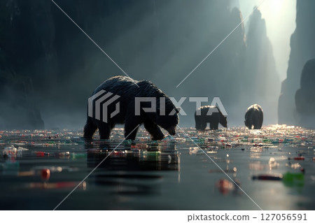 Bears Drinking Water Cautiously from Stream Surrounded by Litter in Misty Forest Environment 127056591