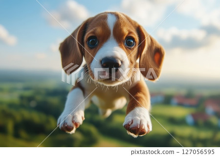 Playful Beagle Puppy Leaping Mid Air in a Scenic Outdoor Setting 127056595