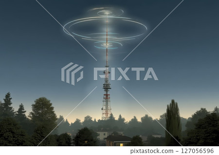 Lone Radio Tower Silhouetted Against Deep Twilight Sky with Light Trails Surrounding It Lone Radio Tower Silhouetted Against Deep Twilight Sky with Light Trails Surrounding It 127056596
