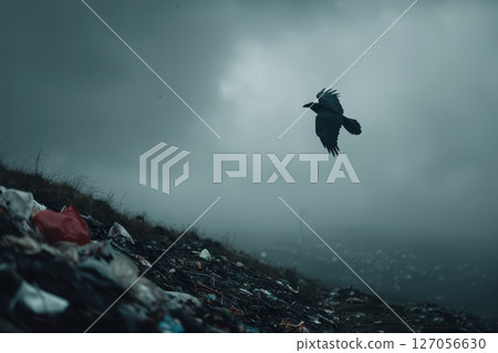 Solitary Owl Flies Above Mounds of Metal Scrap in a Gloomy, Overcast Environment Solitary Owl Flies Above Mounds of Metal Scrap in a Gloomy, Overcast Environment 127056630