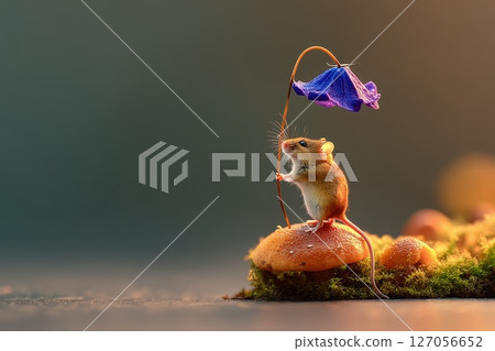 Tiny Mouse on Mushroom Top Holding a Bluebell Flower in a Magical Forest Setting Tiny Mouse on Mushroom Top Holding a Bluebell Flower in a Magical Forest Setting 127056652
