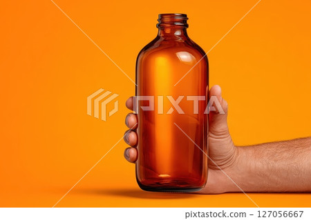 Hand Holding a Reusable Glass Cosmetic Bottle on Vibrant Orange Background 127056667