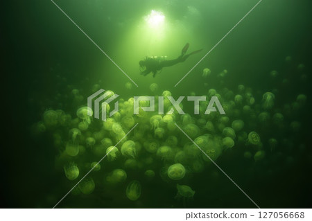 Astronaut Floating Among Alien Jellyfish in an Ocean Dreamscape Underwater Environment Astronaut Floating Among Alien Jellyfish in an Ocean Dreamscape Underwater Environment 127056668