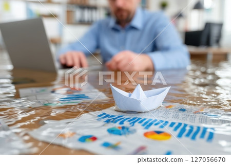 Individual Holding a Fragile Paper Boat Amid Stormy Conditions in a Workplace Setting Individual Holding a Fragile Paper Boat Amid Stormy Conditions in a Workplace Setting 127056670