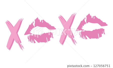 Pink XO XO lettering and lipstick print greeting card, scrapbooking design elements for Valentines Day, wedding and birthday, pink lover sign doodle style, love concept, pink juicy lips brochure 127056751