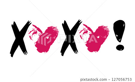 XO XO Card with Heart Fingerprints, Greeting lettering XO hugs and kisses hand drawn grunge phrase, love stickers for daily planner and diary, Hugs and kisses abbreviation, grunge brush lettering XO 127056753