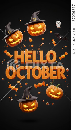 Halloween celebration in october with pumpkins, candy, and bats for seasonal design 127056837