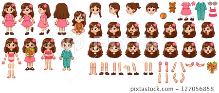 Cute Girl Character Creator Kit with Emotions, Poses, Clothes and Accessories Vector Illustration 127056858