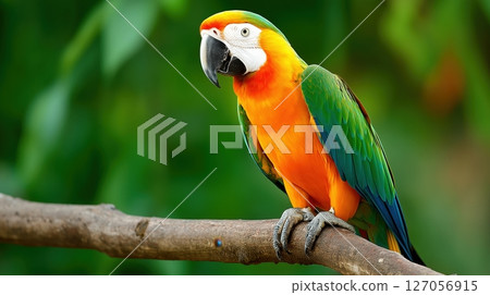 Vibrant colorful macaw parrot perched on a jungle branch 127056915