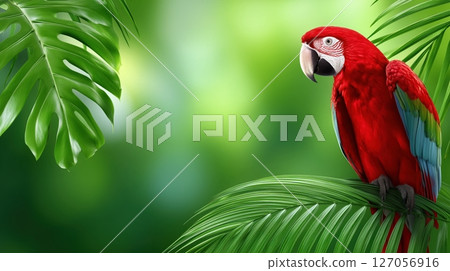 Vibrant Red Macaw parrot perched on lush tropical jungle leaves. 127056916