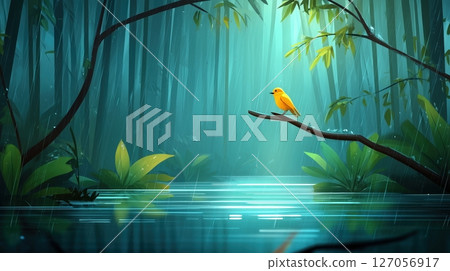 Yellow bird on branch in serene, rainy forest illustration Yellow bird on branch in serene, rainy forest illustration 127056917
