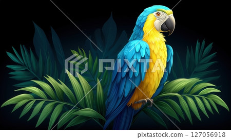 Blue-and-Yellow Macaw digital art with tropical leaves on dark background 127056918