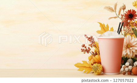 Autumnal beverage Delight, set against a backdrop of vibrant autumnal foliage and dried flowers 127057022