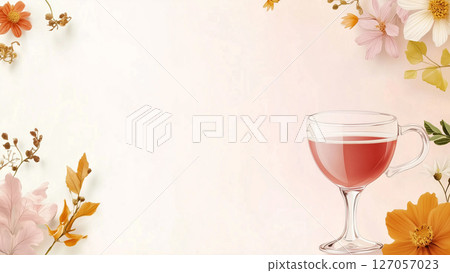 Autumnal beverage Delight, set against a backdrop of vibrant autumnal foliage and dried flowers 127057023