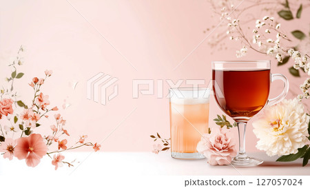Autumnal beverage Delight, set against a backdrop of vibrant autumnal foliage and dried flowers 127057024