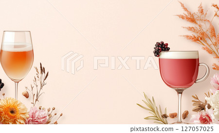 Autumnal beverage Delight, set against a backdrop of vibrant autumnal foliage and dried flowers 127057025