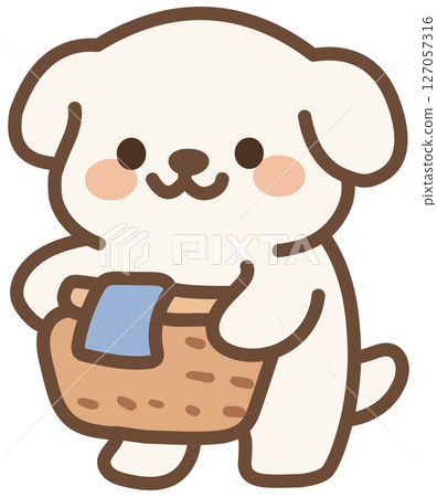 Cute White Puppy Holding Laundry Basket Cute White Puppy Holding Laundry Basket 127057316
