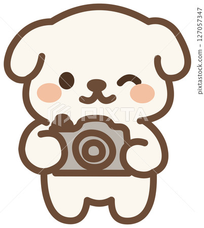 Cute White Puppy Holding Camera Cute White Puppy Holding Camera 127057347