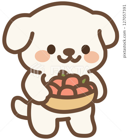 Cute White Puppy Carrying Fruit Bowl Cute White Puppy Carrying Fruit Bowl 127057391