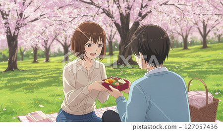 A picnic date under the cherry blossoms 127057436