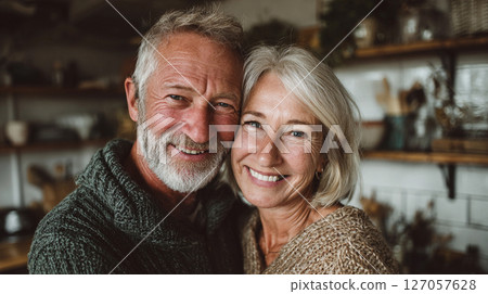 Couple enjoying a joyful moment together in a cozy kitchen filled with rustic decor while embracing in happiness during a quiet afternoon 127057628
