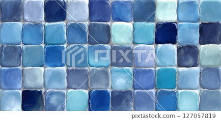 Colorful mosaic of blue tiles background arranged in a grid, showcasing various shades of blue and turquoise. 127057819