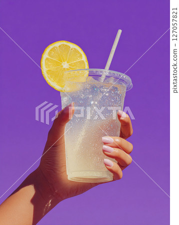 Refreshing lemonade with lemon slice held against bright purple background on a sunny day 127057821