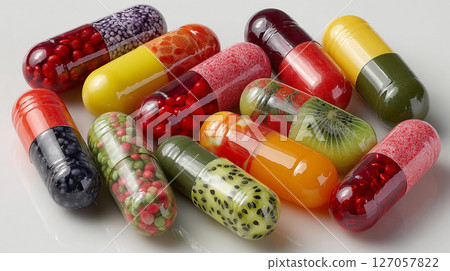 Colorful dietary supplements showcasing vibrant fruit and berry designs. The concept of innovative superfoods. 127057822